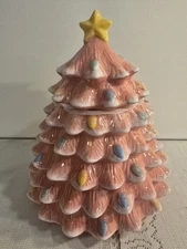 NEW GLAZED  PINK CERAMIC CHRISTMAS TREE COOKIE JAR SLEIGH BELL BISTRO HOBBY L...