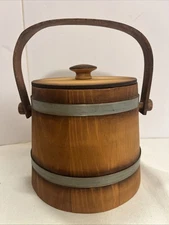 Vintage Wooden Firkin Bucket Bentwood Swing Handle Metal Bands Storage Rustic