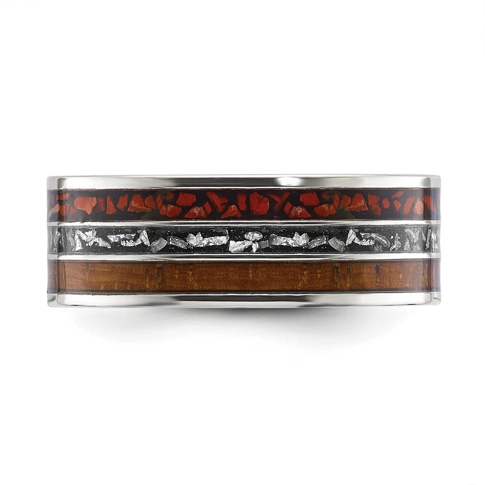 Titanium with Wood, Meteorite and Red Stone Inlay 8mm Band Men's Ring Size 11 - Image 3 of 4