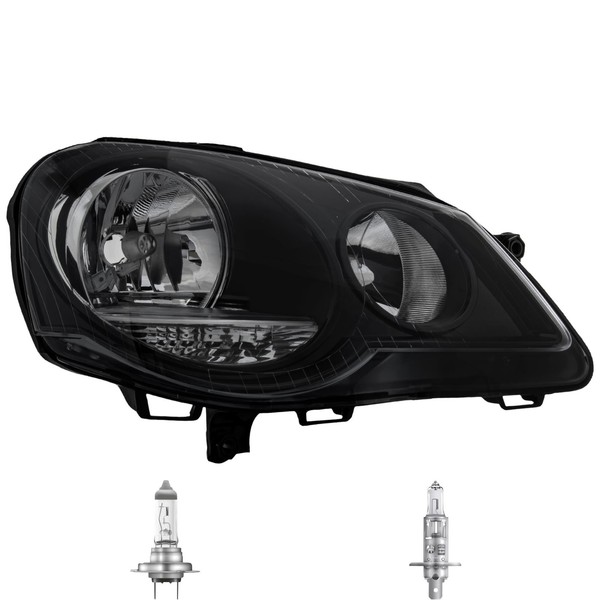 Scheinwerfer Rechts Schwarz H1/H7 FüR VW Polo 9N_ Inkl. Osram Lampen-image