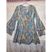 Boho Paisley V-Neck Mini Dress Tiered Bell Sleeve Blue Multi Color Large