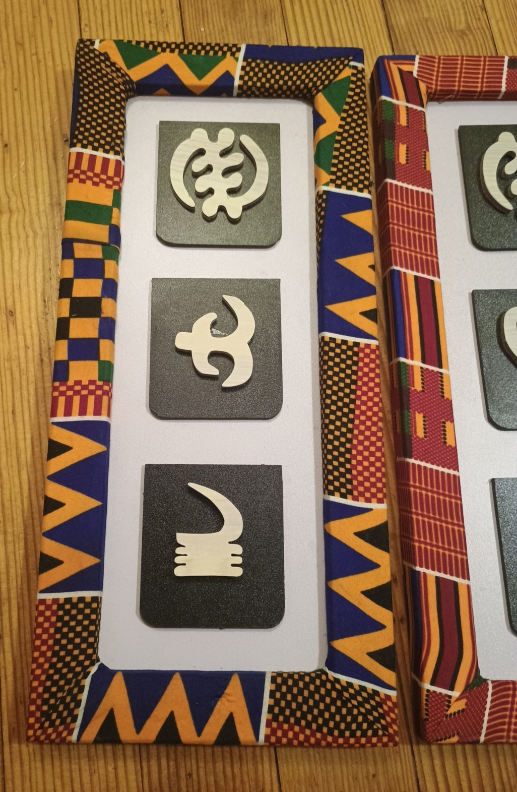 Vtg PAIR Hand carved Kente African Ghana Adinkra Symbols Decor Fabric Frames