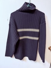 Vintage Wool Ribbed-Knit Striped Turtleneck Sweater Navy White Men's M