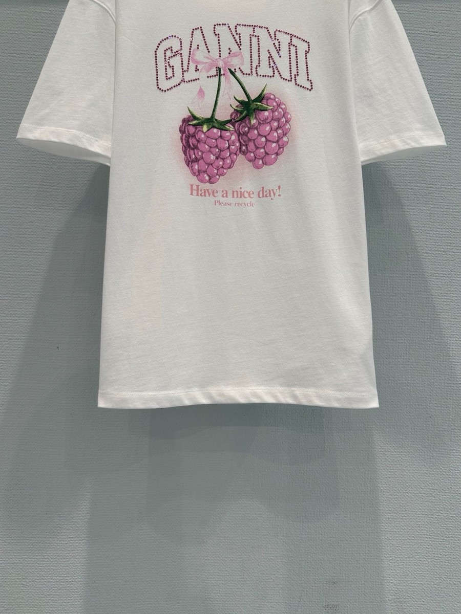 GANNI Strawberry Graphic Tee – White Cotton Casual T-Shirt Size M