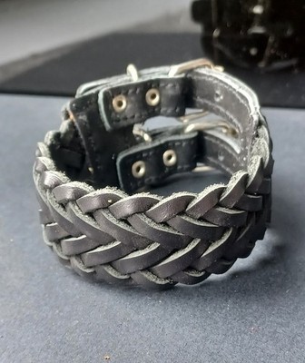 Men s Black Leather Bracelet Braided Double Buckle Adjustable Biker Viking Cuff
