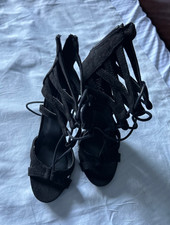 Black Suede Strappy Stiletto Heels Open Toe Zip Ankle Strap Women's Size 6