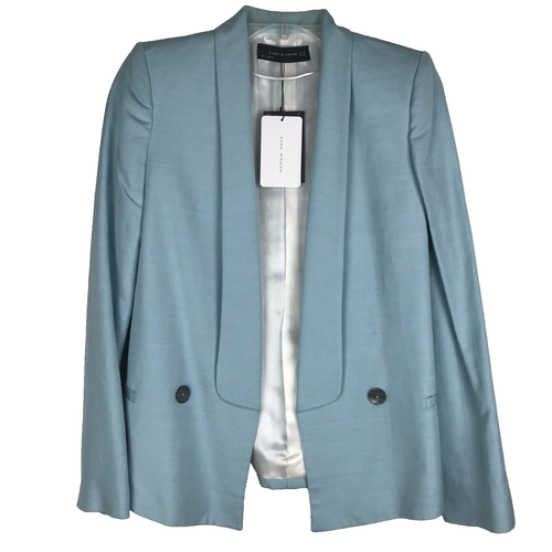 NWT ZARA Women's Blazer Open Front Linen Blend Blue Lined Size XS