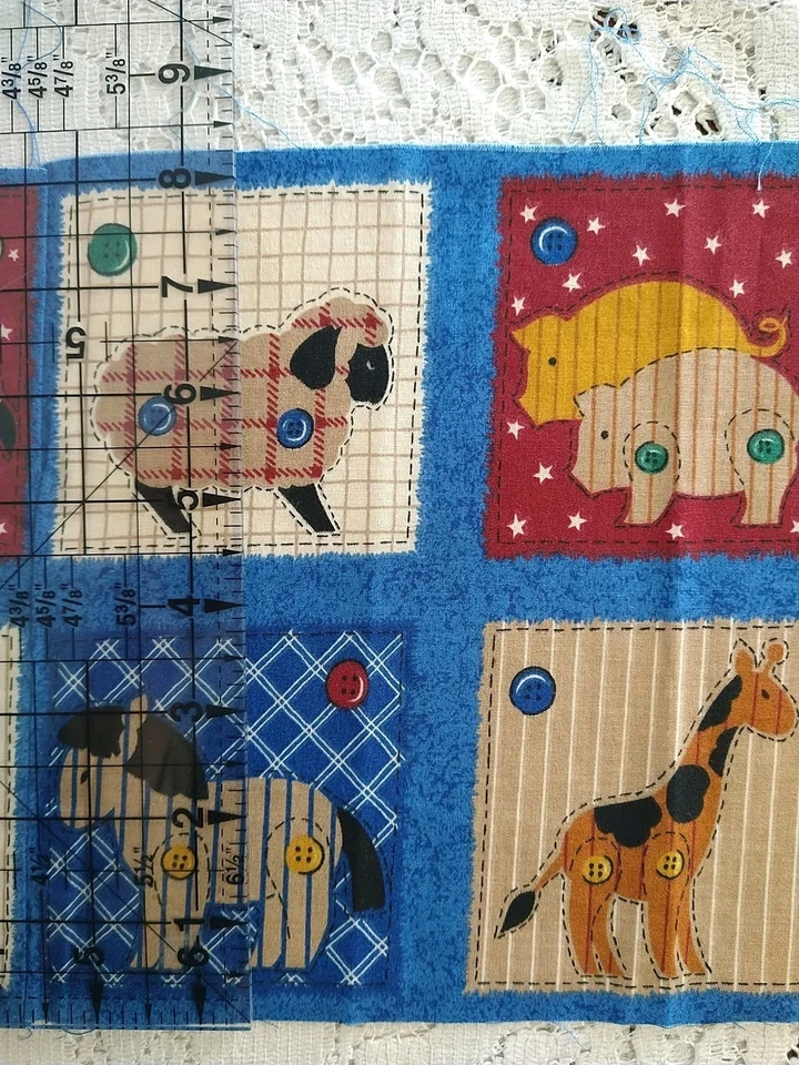 REMNANT Vtg Fabric Traditions Noah's Ark Blue Animals Block Print Border Rainbow - Image 2 of 4