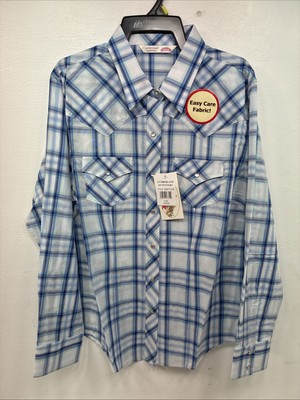 New Women s Cumberland Blue Plaid Long Sleeve Pearl Snap Large GG-84
