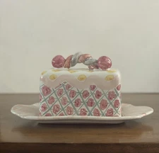 Vtg MacKenzie-Childs Rose Cottage Covered Butter Dish, Victoria & Richard 1989
