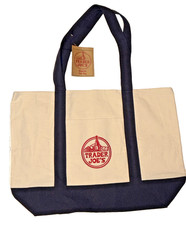 Trader Joe's Large Canvas Tote Bag Navy Blue  White Reusable NEW w Tag Limited