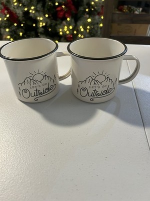 14 oz White Tin Cup ''Let's Go Outside'' Set Of 2 Coffee Mugs