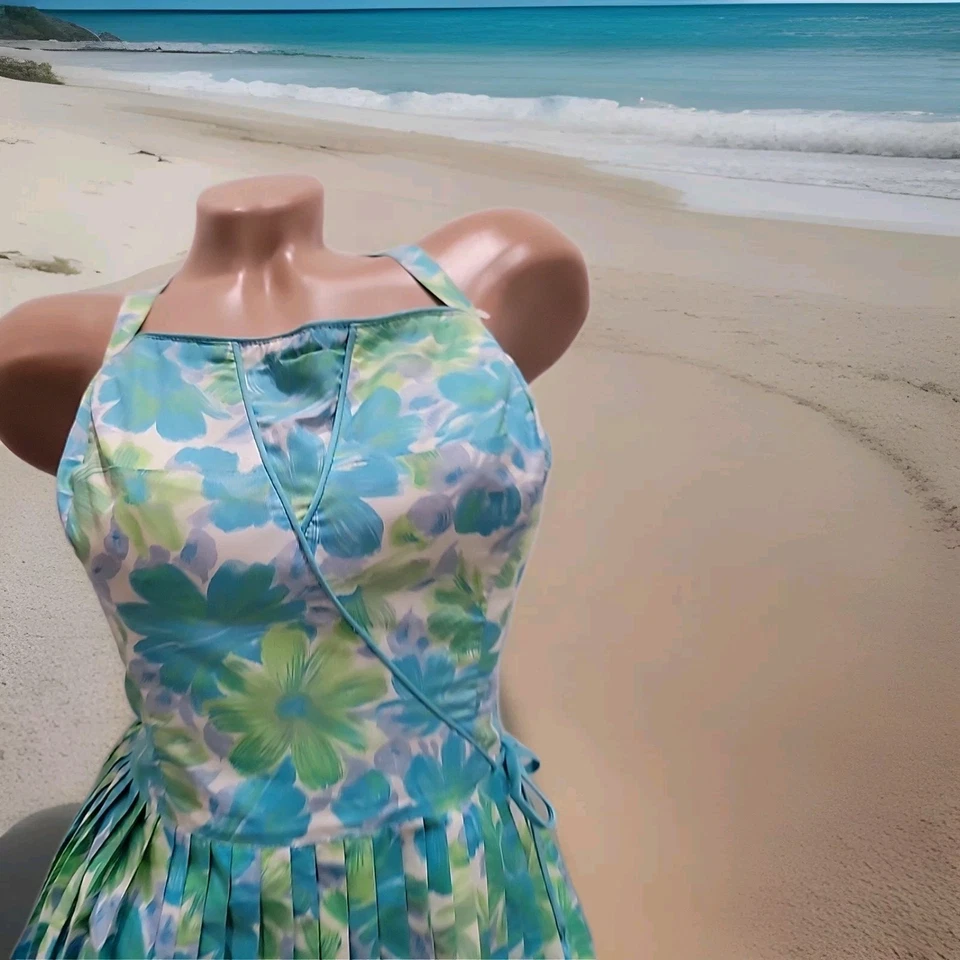 Traje de baño de colección años 60 vestido Gabar 16 sujetador incorporado blanco azul verde estampado margarita Foto 4 de 4