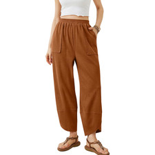 Pantaloni Palazzo Donna Vita Alta Gamba Larga Tuta Tessuto Felpato Marrone M