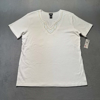 Rafaella Womens 1X Short Sleeve Blouse White V Neck Sequin Embroidered Top NWT