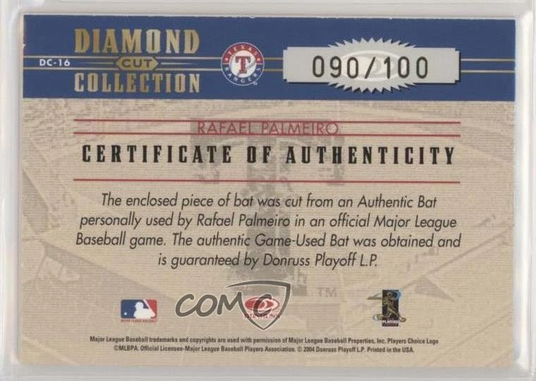 2004 Donruss Diamond Kings Cut Collection Bats /100 Rafael Palmeiro #DC-16 - Image 2 of 2