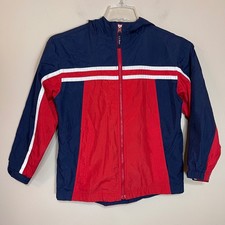 LL Bean Kids Hooded Windbreaker Jacket Navy Red Colorblock Size M 10-12 0FSG7