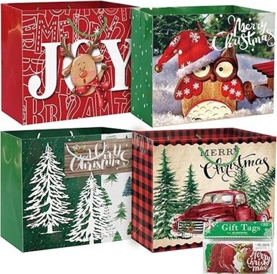 12 Extra Large Christmas Gift Paper Bags Bulk with Handles and 60