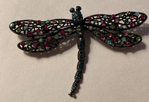 Authentic Antiqued Gold Plated Dragonfly Pin Pendant Green Pink Blue Crystals 3 1/2" by 2"