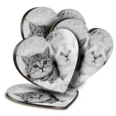 4x Herz MDF Untersetzer - BW - Niedliches Kätzchen Katzen Katze Baby Tier #42359