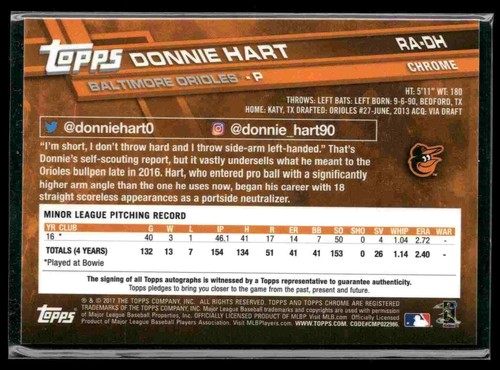 Autógrafos de novato Donnie Hart 2017 Topps cromados #RA-DH Baltimore Orioles - Imagen 2 de 2