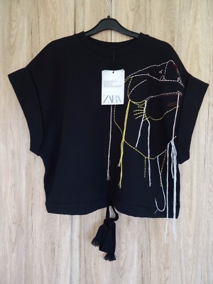 ZARA ''STUDIO'' SCHWARZES CROPPED LOOSE FIT BESTICKTES SWEATSHIRT OBERTEIL GRÖSSE XS-S