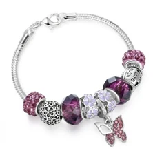 18K Gold Plated Butterfly Purple CZ Murano Charm Bracelet For Girls Womens