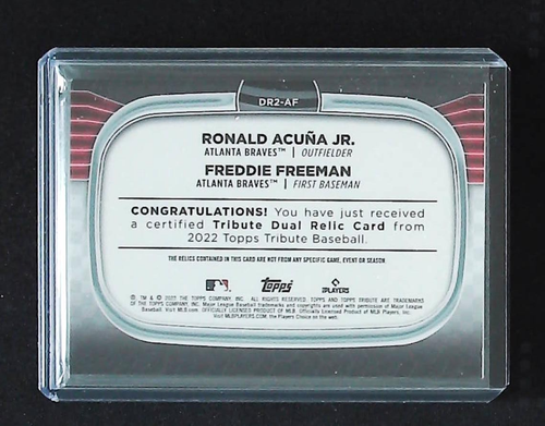 2022 Tribute Dual Relics 2 giocatori verde /99 Ronald Acuna Jr Freddie Freeman - Foto 2 di 2