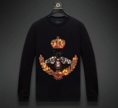 New Men Luxury Crown Bee Rhinestones Fashion Black White Hoodie High Quality