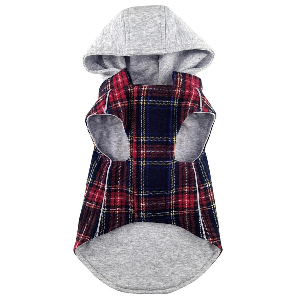 Cozy Plaid Flannel Dog Sweatshirt Hoodie w/ Zip-Off Hood Red & Black Plaid - Image 2 of 4