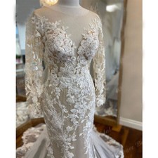 Champagne Beach Mermaid Wedding Dresses Long Sleeves Lace Floral Sweep Train