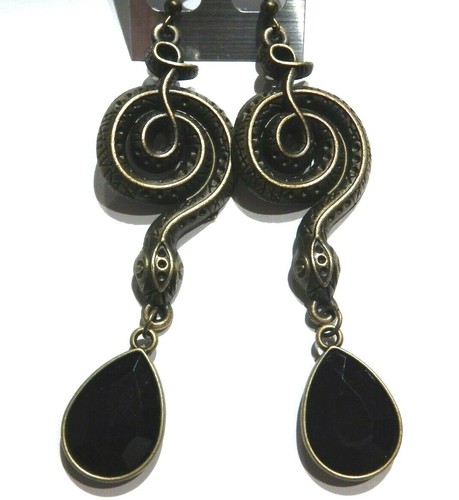 BRONZE COILED SNAKE PENDANT EARRINGS serpent & stone goth mystic occult 6W - Picture 3 of 6