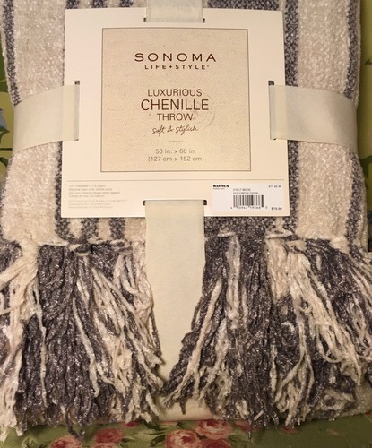 CHENILLE Cabana Stripe Throw Gray & Ivory/Cream Fringed Trim Sonoma Life & Style - Picture 9 of 12