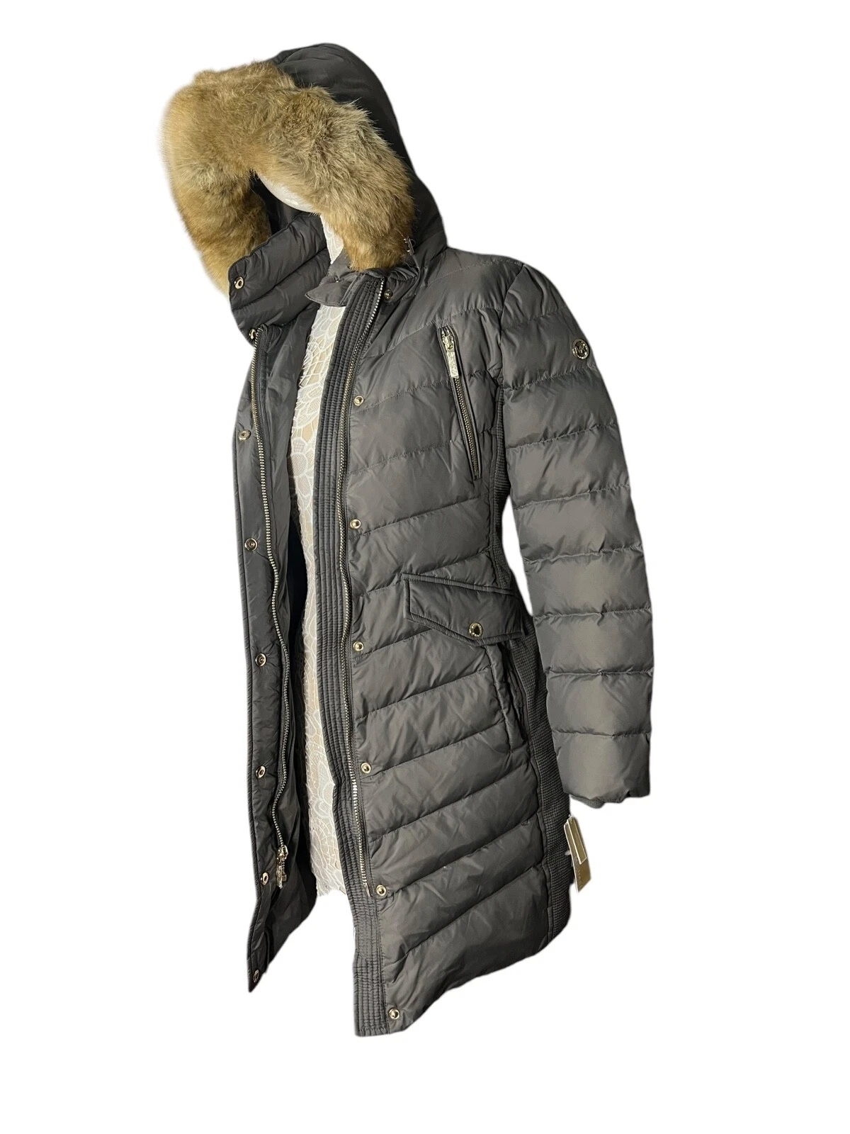 Giacca lunga Michael Kors Puffer nuova con cappuccio in pelliccia sintetica grigio taglia PXS