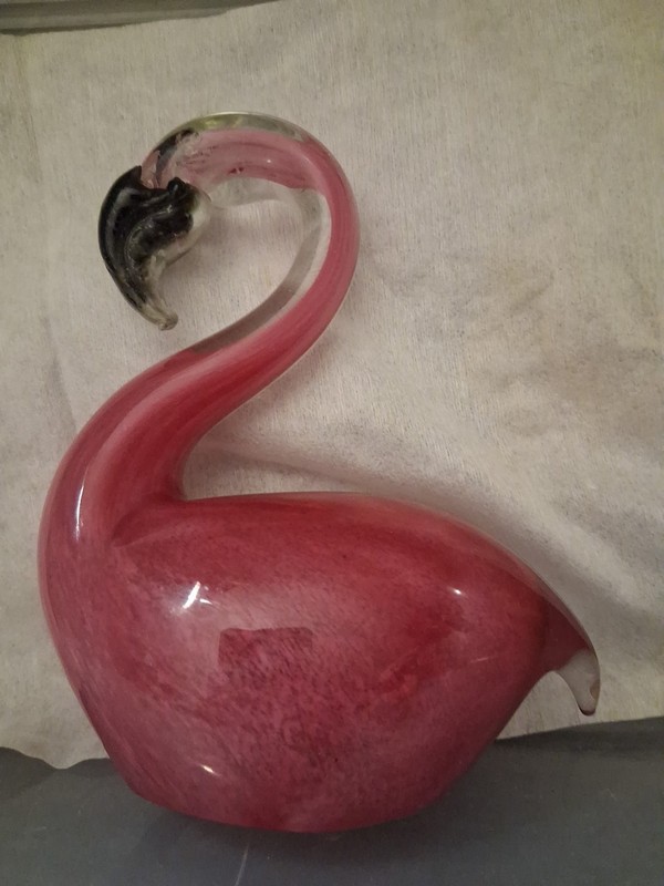 Vintage 6.5" Murano Style Hand Blown Art Glass Pink FLAMINGO Figurine Open Base