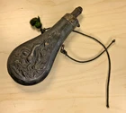 Vintage Civil War Era Black Powder Flask Horn Embossed Dead Game Motif USA