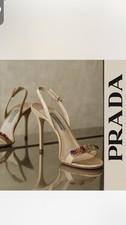 PRADA Gemmed Ankle Strap Stiletto Heels Beige Leather Women's EU 36