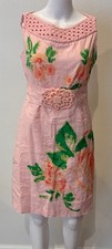 VTG Karta Sheath Linen Blend Floral Dress L Pink Pixel Crotchet Old Money NWT