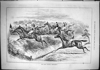 Alte sportliche dramatische Nachrichten 1884 Grand National Steeplechase Pferderennen viktorianisch