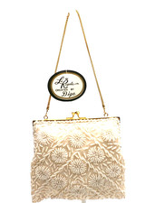 VTG 60s La Regale Beaded Satin Evening Bag Off White Purse NOS Diga Floral