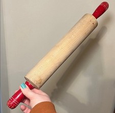 VINTAGE 16" WOOD ROLLING PIN Original Red Paint Handles EUC Cottage Decor 50s