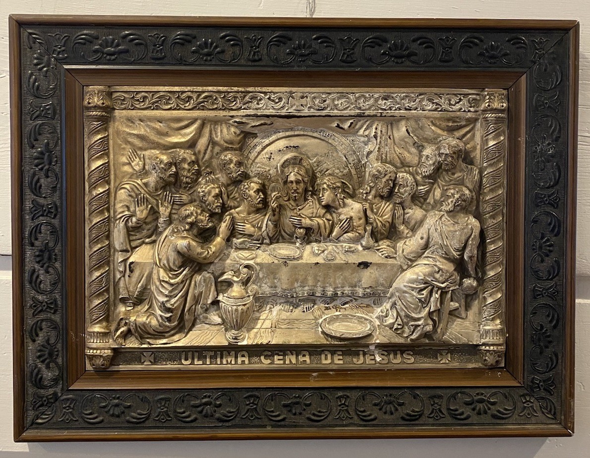 Vintage Last Supper Metal Relief Plaque Ultima Cena De Jesus Pewter Tin 18x23