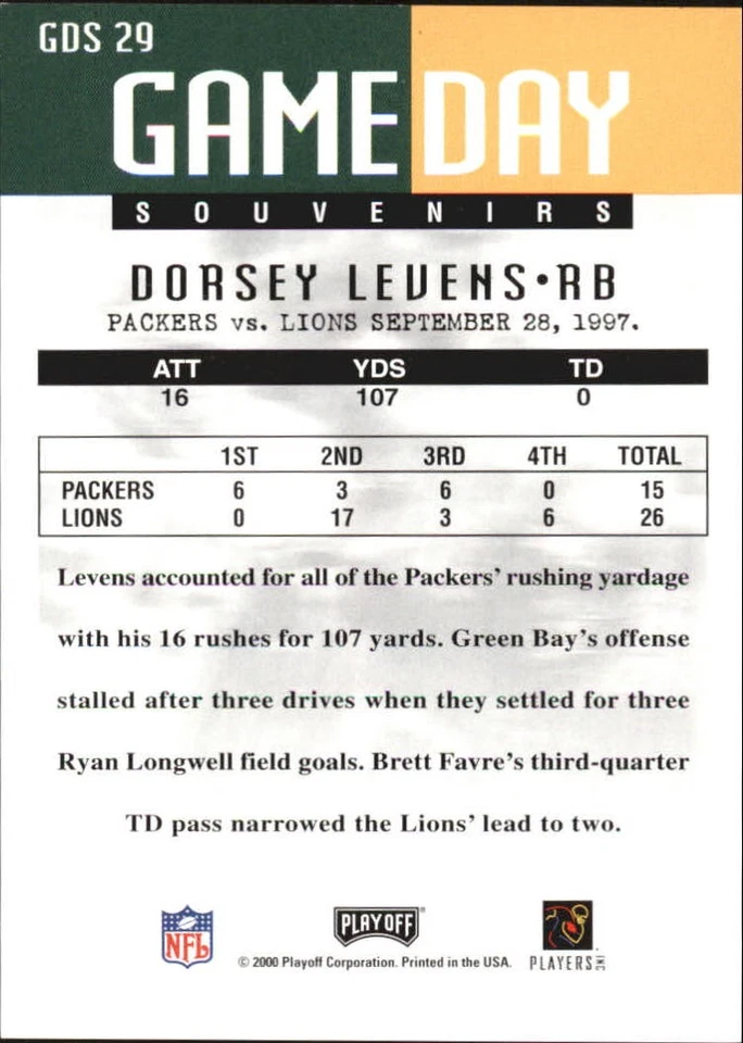 2000 Playoff Momentum Game Day Souvenirs #GDS29 Dorsey Levens - FB - Image 2 of 2