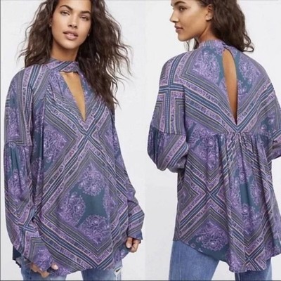 FREE PEOPLE Walking On a Dream Tunic Purple Geometric Size XS Psychedelic 60s