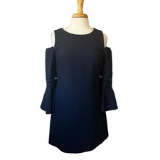 Eliza J Women's 12 Navy Blue Cold Shoulder Boho Crochet Bell Sleeve Mini Dress 