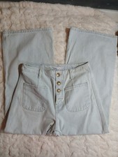 Zara Z1975 High Waist Wide Leg Cropped Denim Jeans With Buttons Light Blue 6
