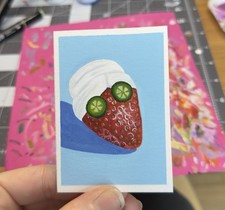 ACEO Original Whimsical Strawberry Fruit Spa Cucumber, “Spa-berry”, spookybarbie