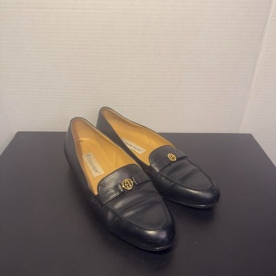 Vintage Aigner Black Leather Suede Loafers Gold Logo Horsebit Flats 8.5 M resole