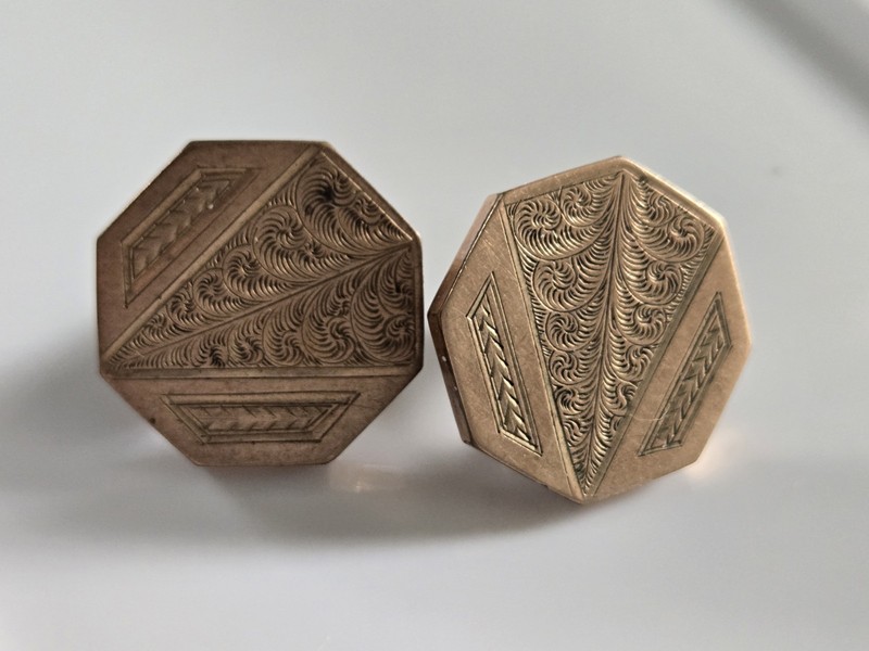 Antique Cufflinks - Octagon w Etched Design - Marked 1883 Pat Sep