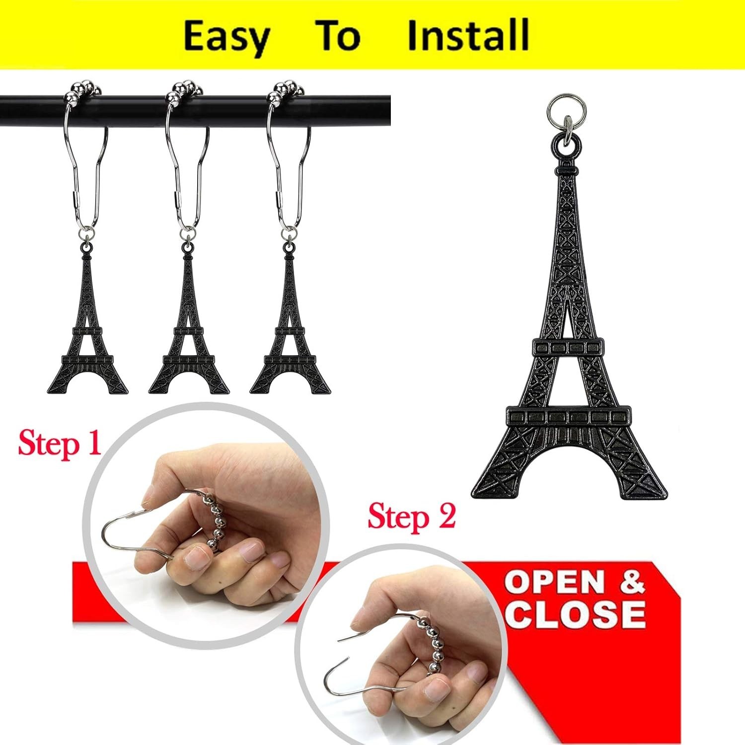 Set of 12 Eiffel Tower Shower Curtain Hooks Parisian Paris France Black 